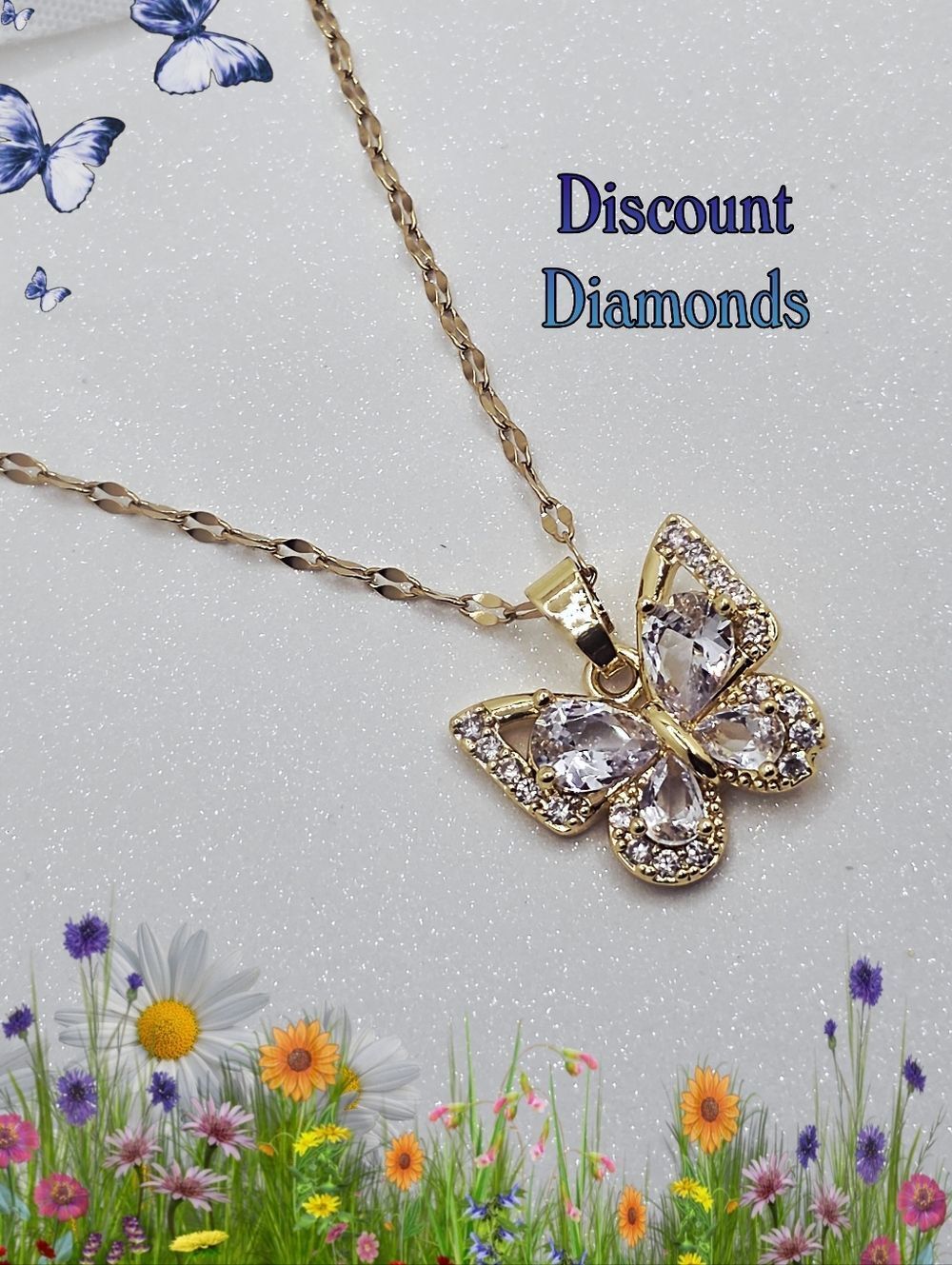 Butterfly Clear White Diamond Pendant Necklace 18K Yellow  Gold on Titanium